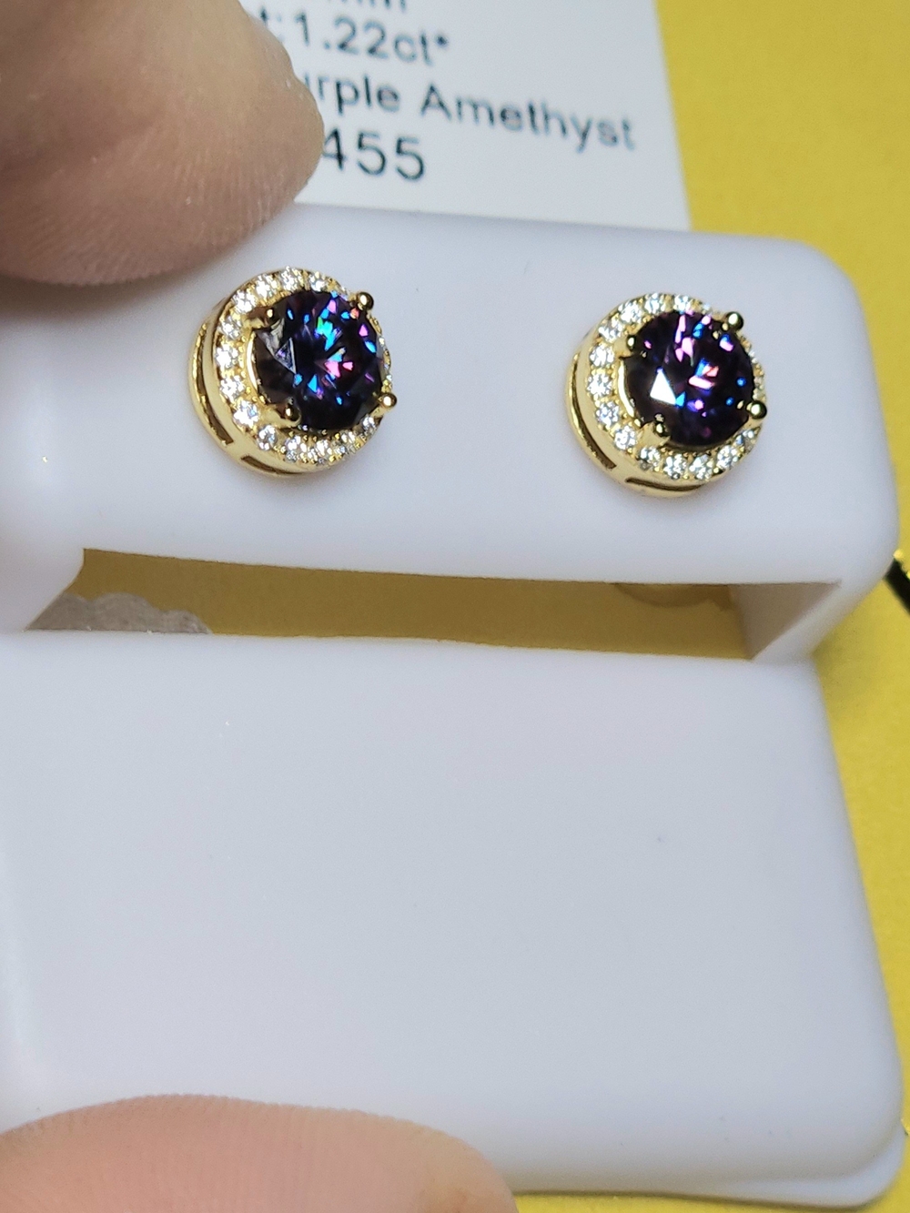 Moissanite Purple Amethyst Round Halo Stud Earrings - Sterling Silver - Picture 14 of 14
